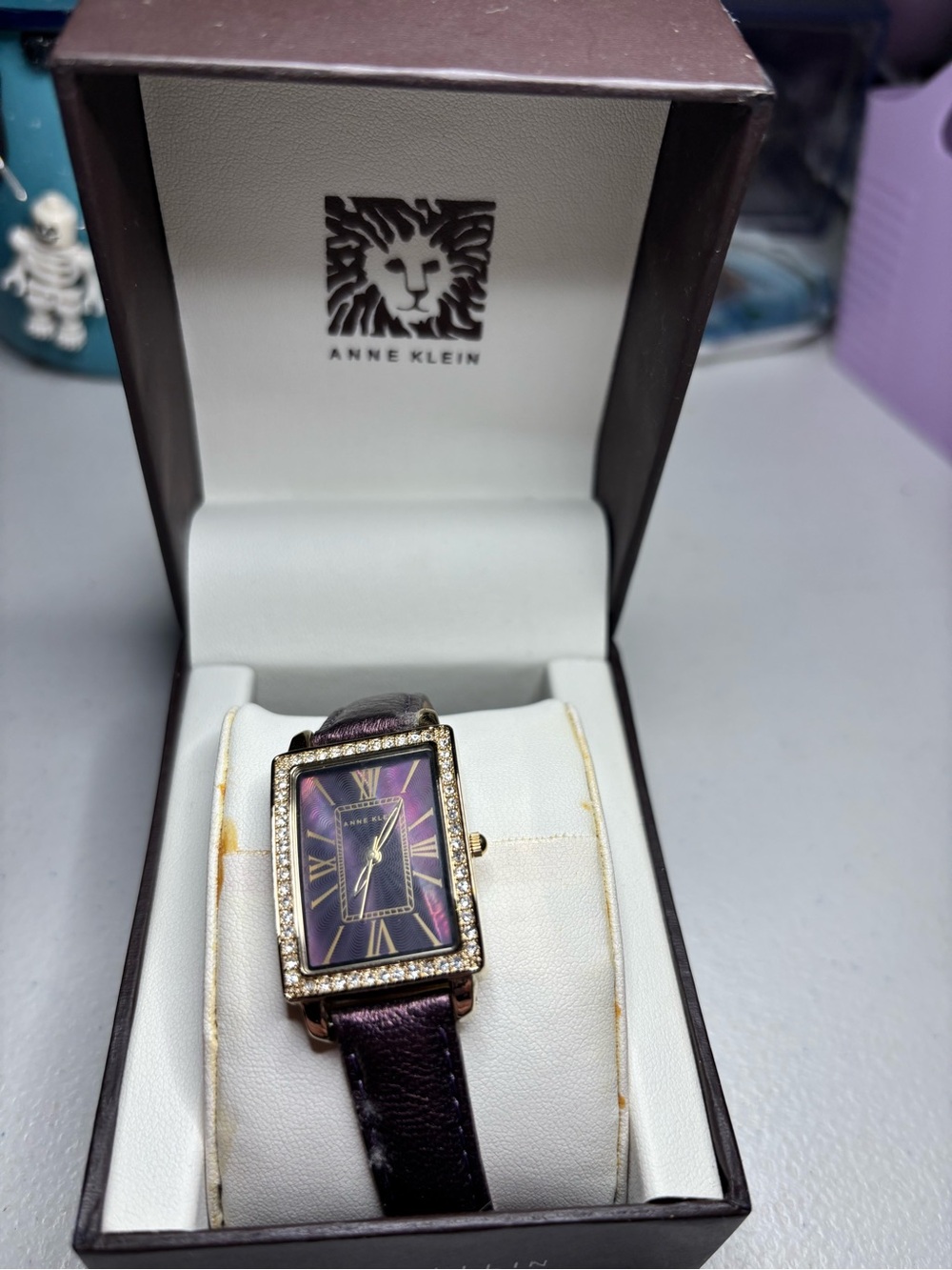 Anne Klein Women's Purple Gold Crystal-Trim Rectangular Watch